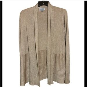 JM collections, metallic gold sparkle, tan open front cardigan size larg...